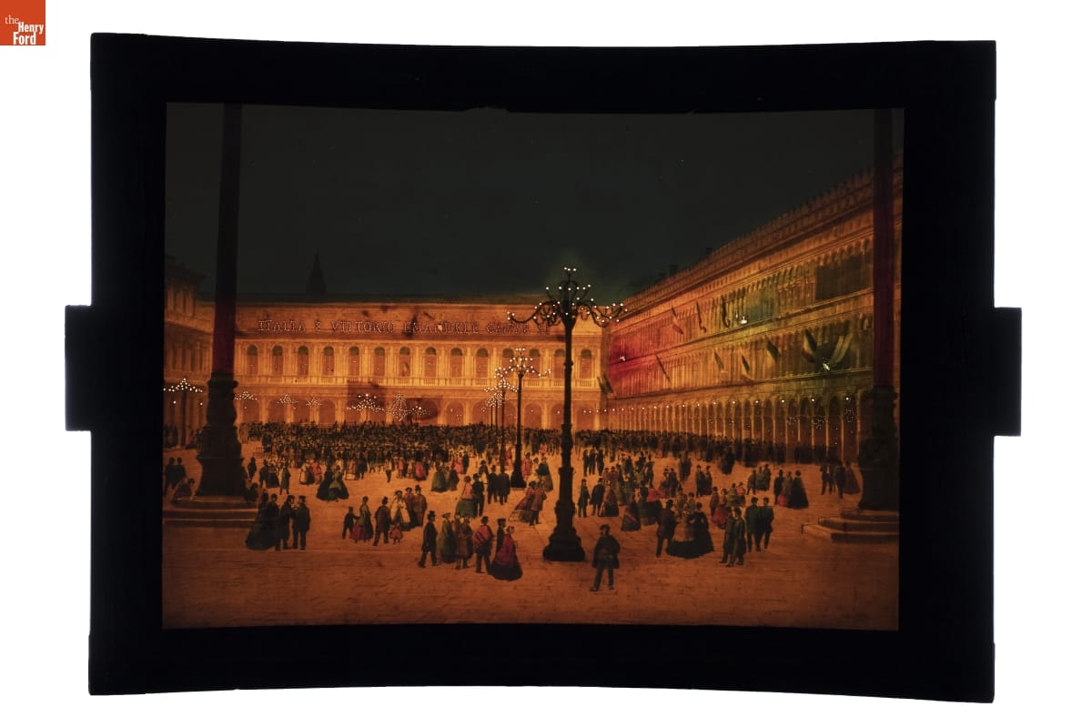 Megalethoscope Slide, Image of building wrapped around a public square filled with people