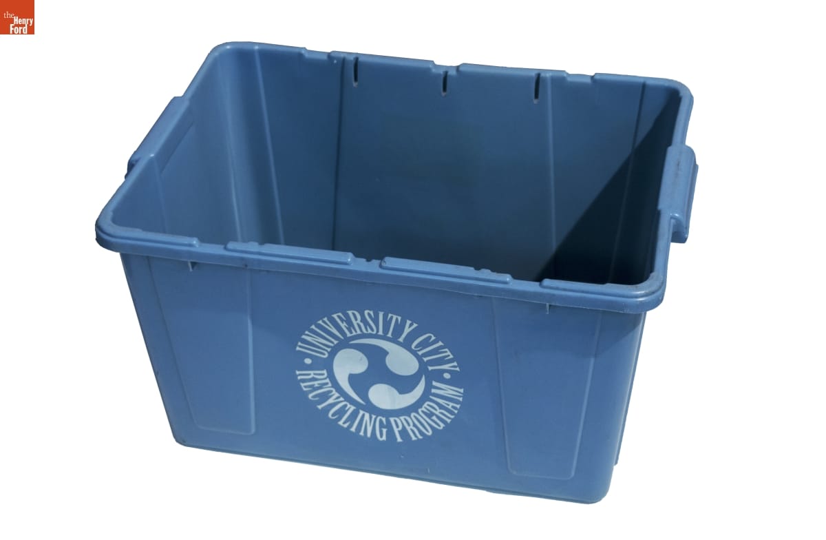 Recycling Bin, Designed for Use in University City, Missouri, 1988-1989 Blue bin with white text and logo that looks like three tadpoles