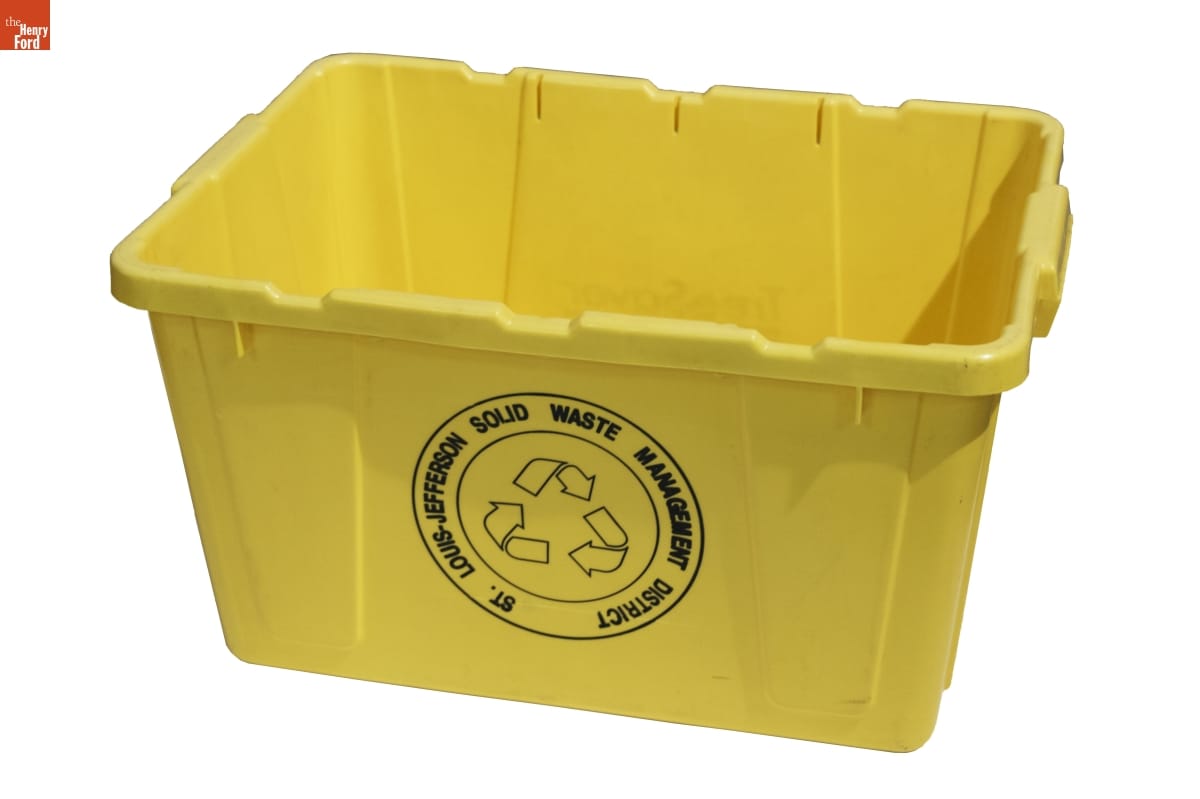 Recycling Bin, Designed for Use in University City, Missouri, 1988-1989 Yellow bin with black text and recycling logo on side