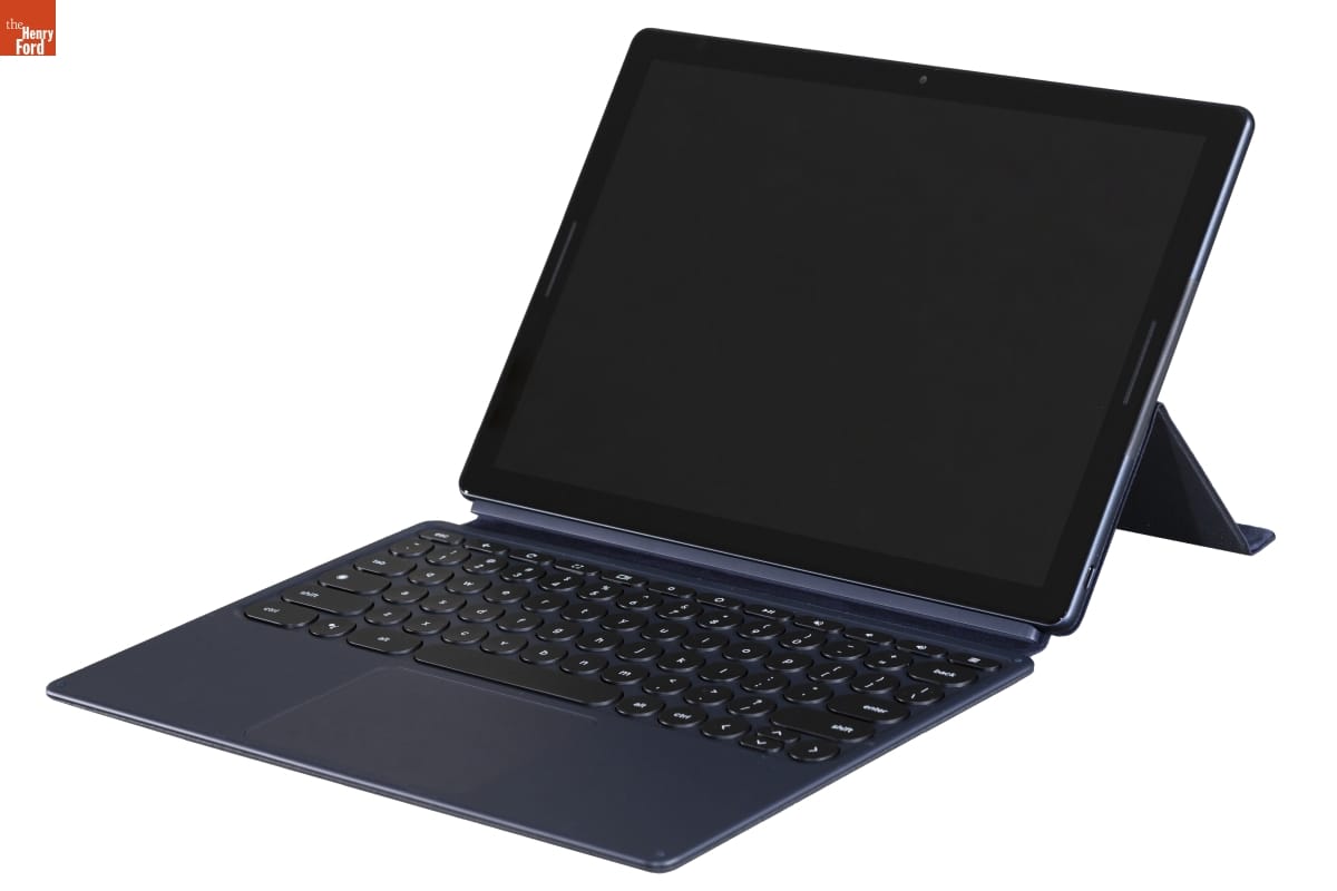 Google Pixel Slate, 2018-2019 Tablet computer with keyboard and monitor propped up on stand