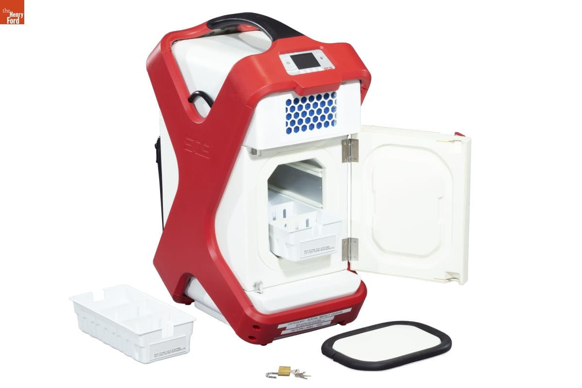 Stone Cold Systems Ice-Less Vaccine Refrigerator, 2018 White container with red