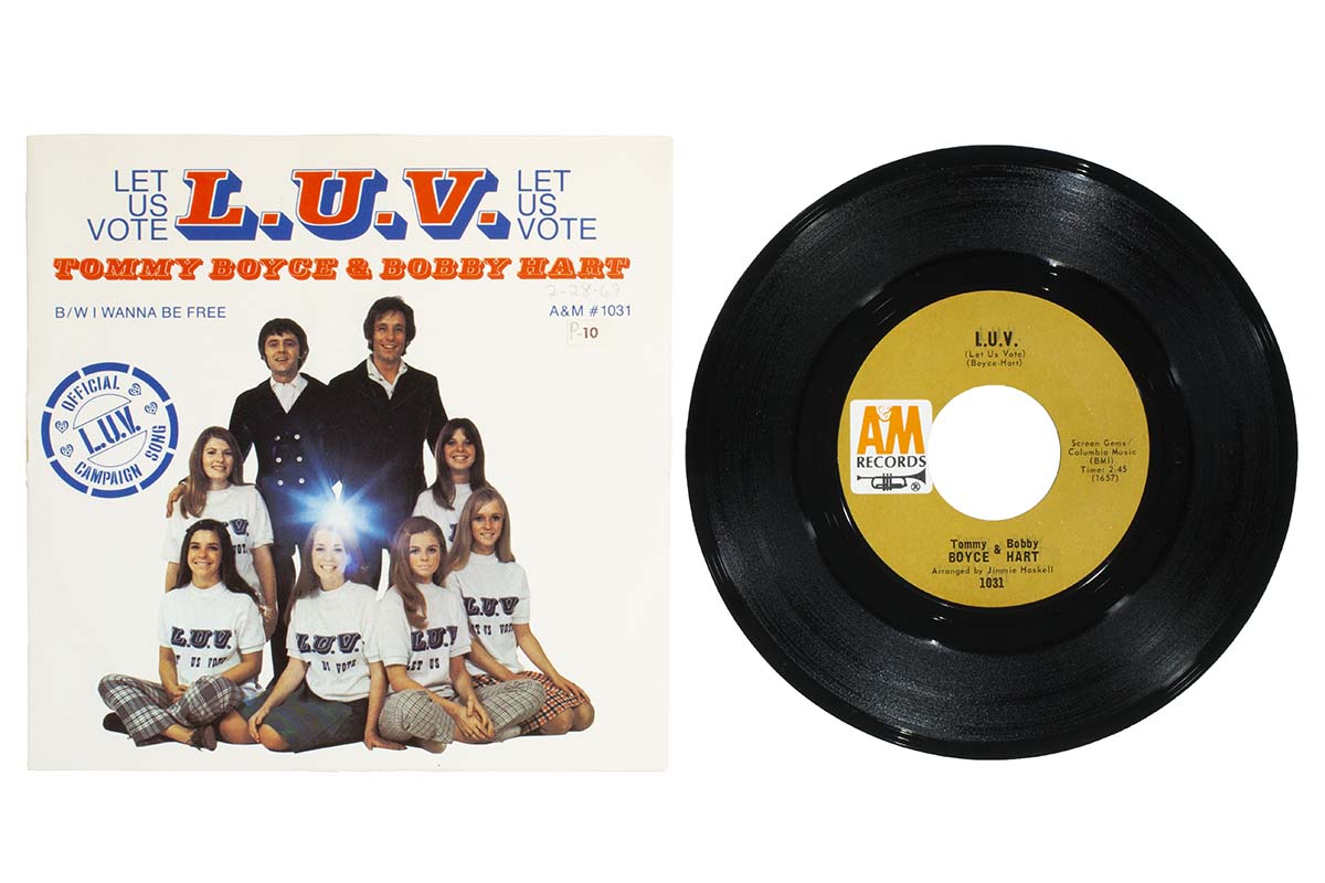 Record Album, “L.U.V (Let Us Vote), Record cover featuring a group of people and text, sitting next to a single record