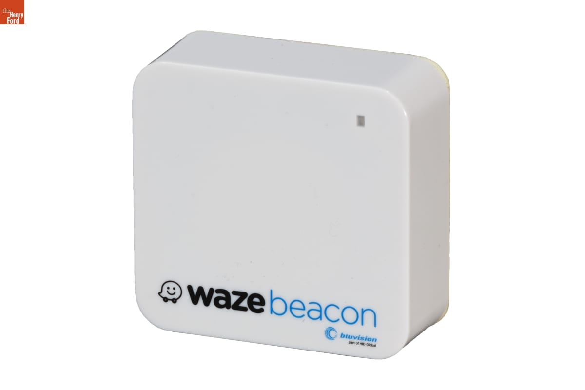 Waze Mobile Navigational Beacon, 2018 Square-shaped narrow white plastic box with text