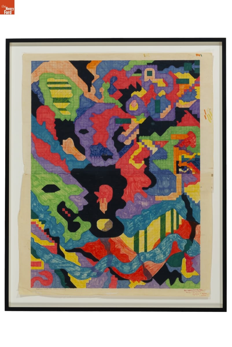 Framed abstract painting with colorful organic shapes