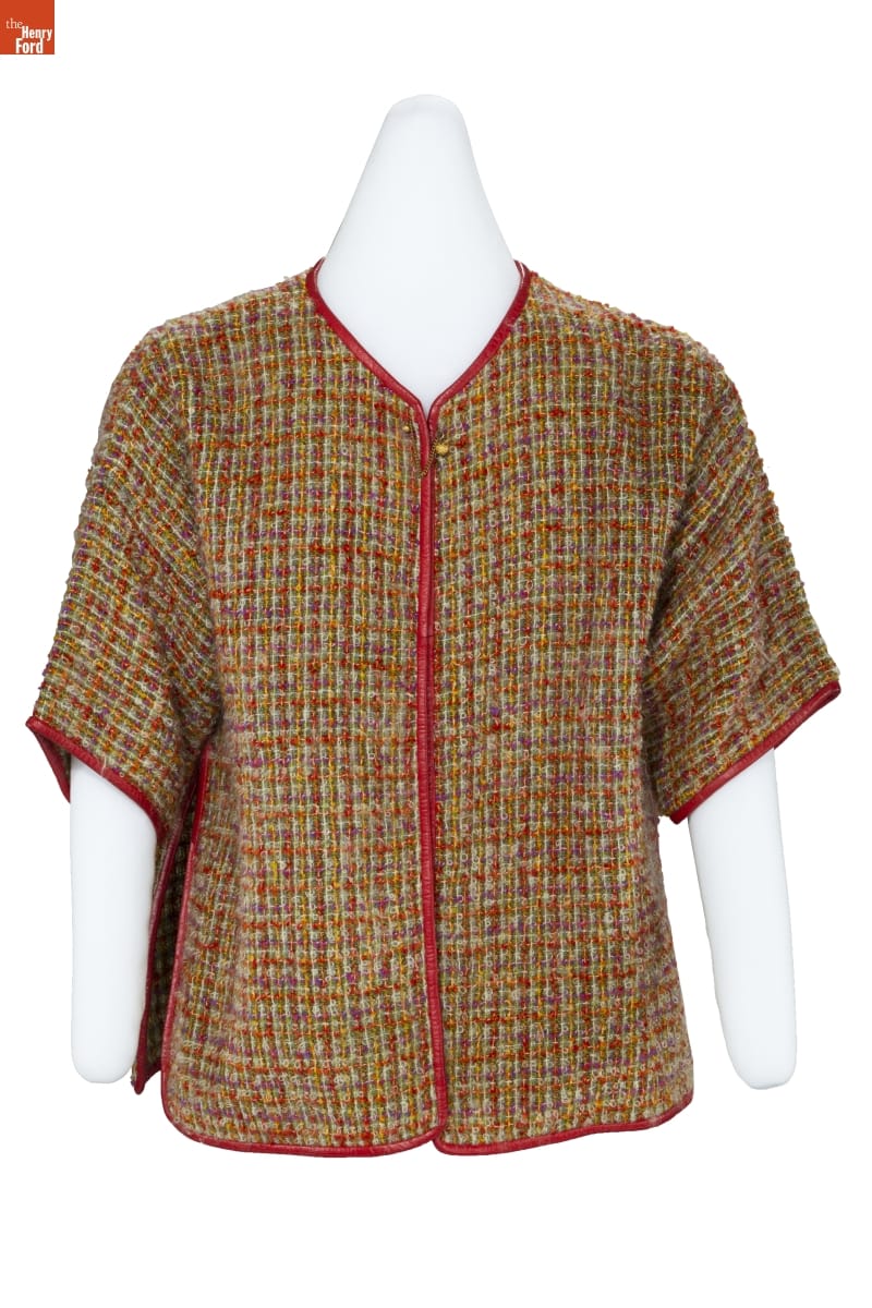 Jacket, Designed by Bonnie Cashin, circa 1965 Shirt with nubbly yellow, red, and beige plaid pattern, elbow-length sleeves, and red leather piping down the placket