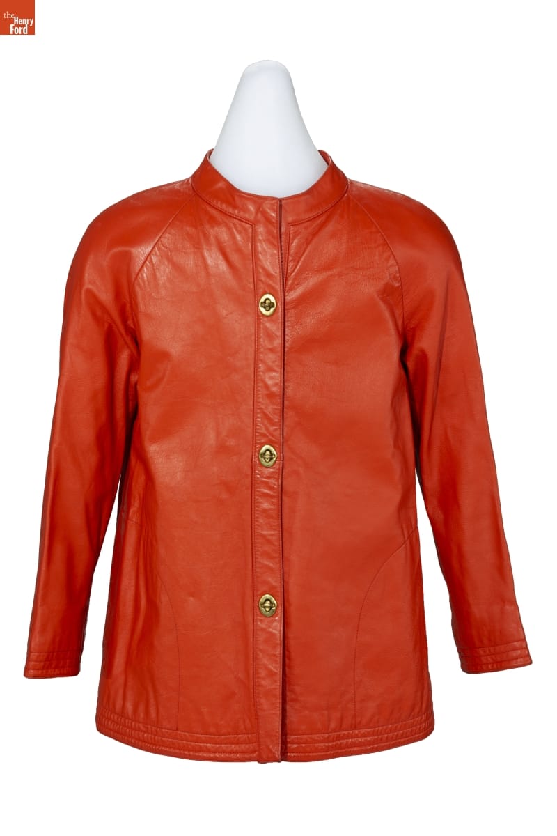 Jacket, Designed by Bonnie Cashin, 1965-1972 Burnt-orange leather jacket with Nehru collar, narrow long sleeves and three brass toggles down front