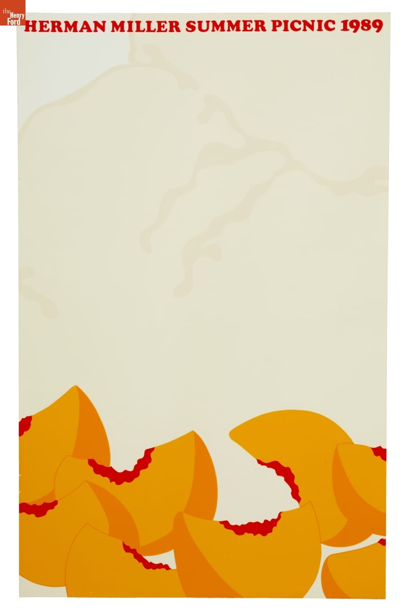 White poster with text at top and stylized peach wedges at bottom