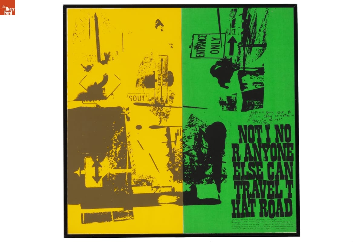 Corita Kent print “Road Signs (Part 1 & 2)” Green and yellow print with images and text