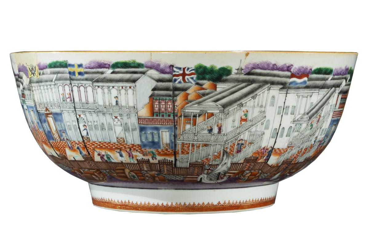 Punch Bowl, 1780-1784 Short-ish bowl with wide base and even wider sides, decorated with a wharfside scene of buildings, people, docks, boats, and water, with the Union Jack flying in the middle