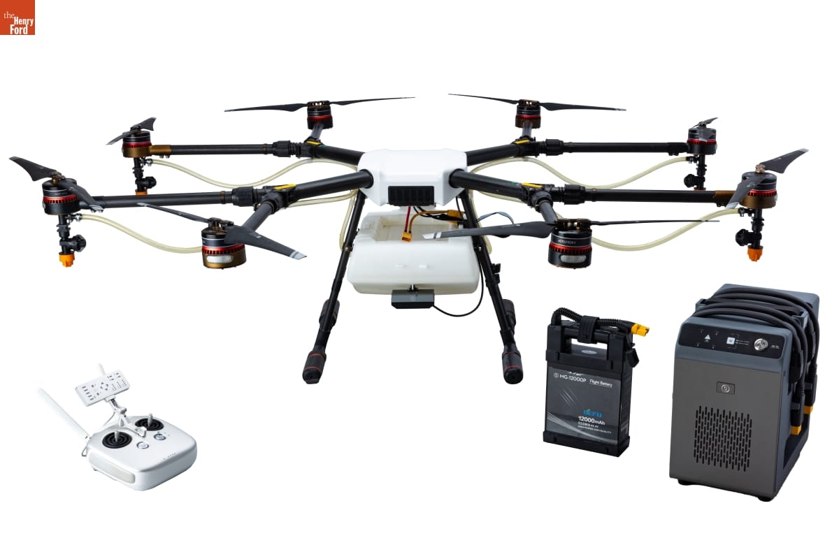 Agras MG-1 Drone, with remote control, battery, and battery charger, 2016. Gift of Northwestern Michigan College