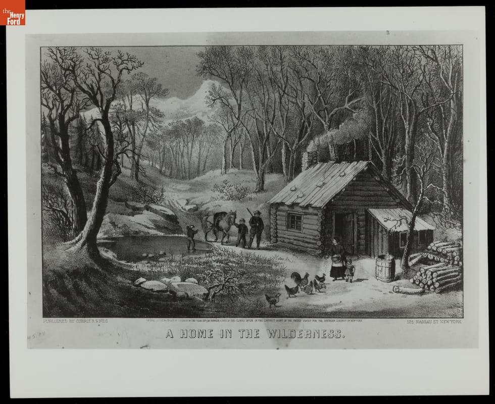 Black-and-white print of log cabin in a forested area with people, chickens, and logs stacked outside; also contains text