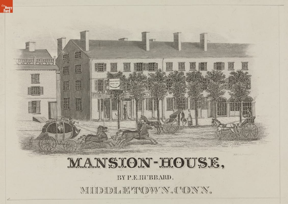 Copperplate Engraving, Horses and carriages passing on a road in front of a long, three-story building with a row of trees in front; also contains text