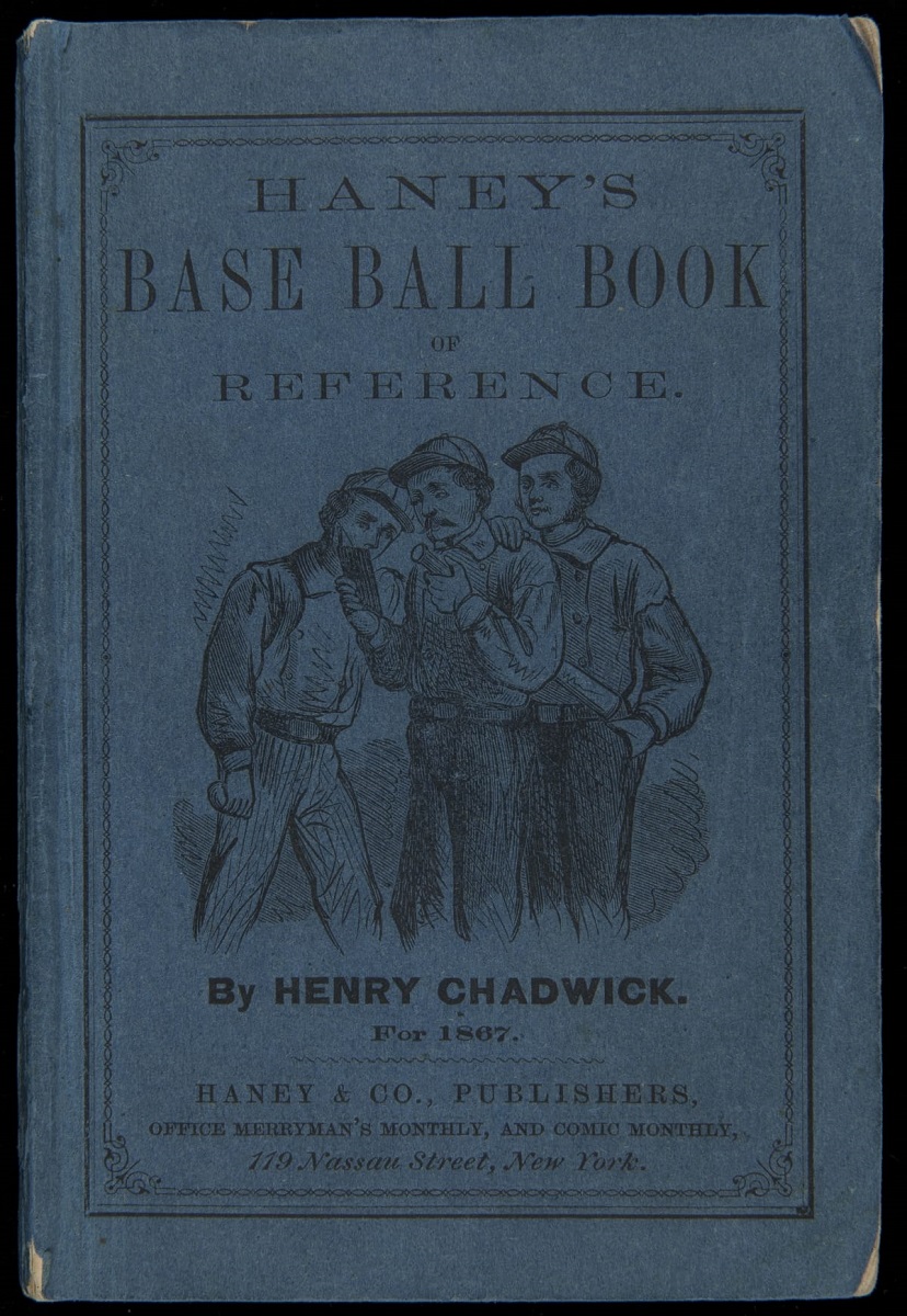 Blue book cover with text and image of three men in old-fashioned baseball uniforms with caps