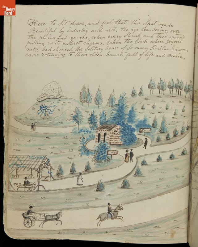 Lewis Miller Sketchbook of Watercolor Drawings of Central Park in New York, with Handwritten Notes, 1864 / page 21 Page with handwritten text and painting of park with grass, trees, paths, and a building, with people on foot, on horses, and in carriages