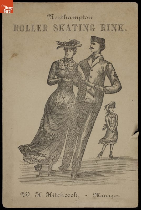 Tan card with text and etching of man and woman ice skating with child in background