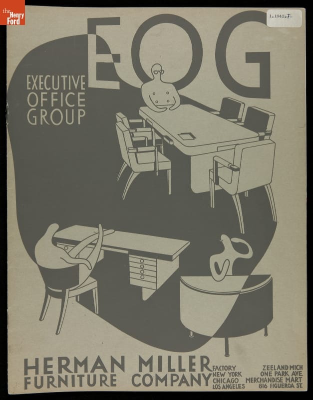 Catalog for Herman Miller Furniture, Page with text and stylized drawings of human figures at desks and tables