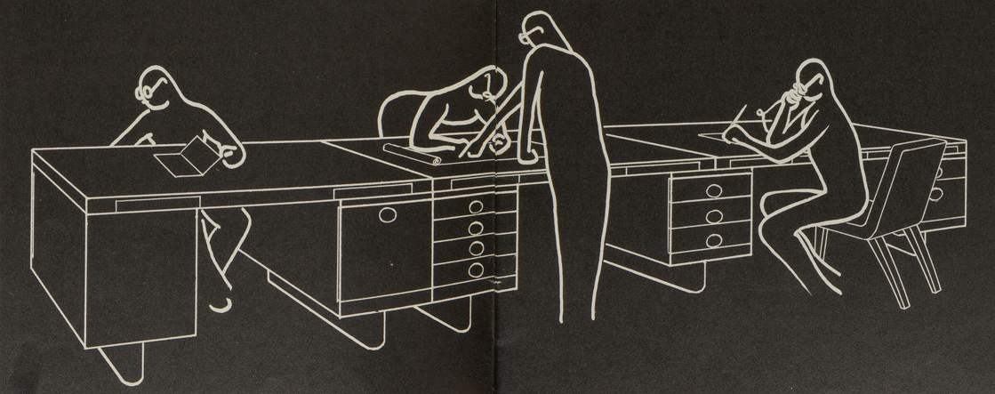 Catalog for Herman Miller Furniture, White line drawing on black of stylized human figures working at desks