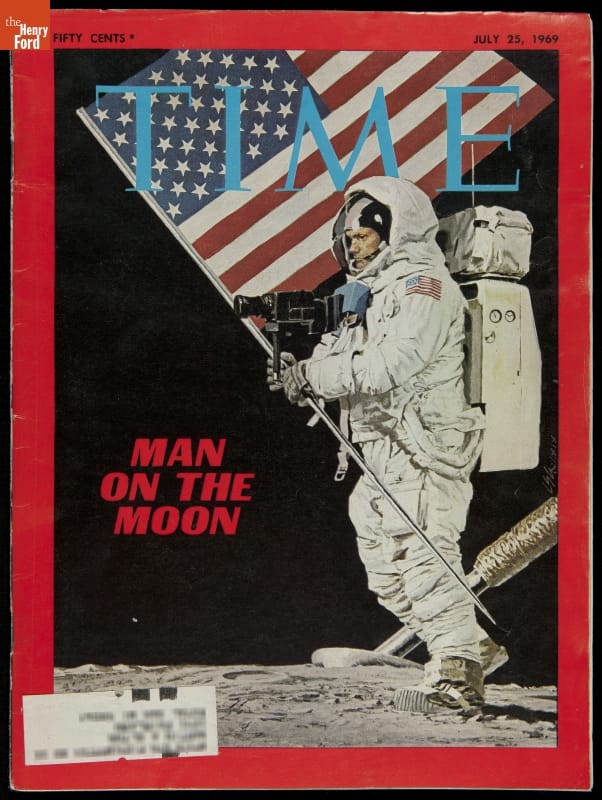 Time Magazine for July 25, 1969, Magazine cover with illustration of astronaut in space suit with an American flag on the moon; also contains text