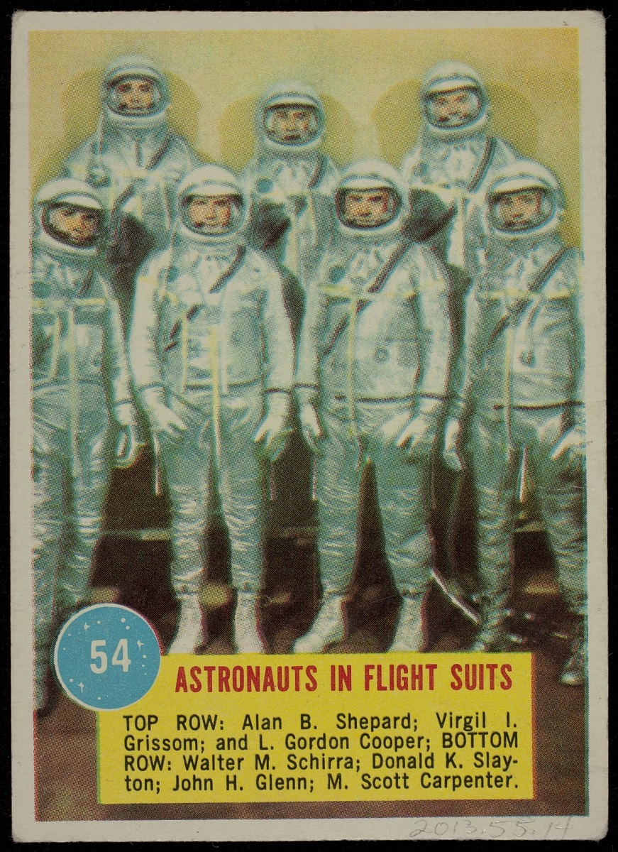 Topps Astronaut Trading Card, Trading card with image of seven people in silver suits; also contains text