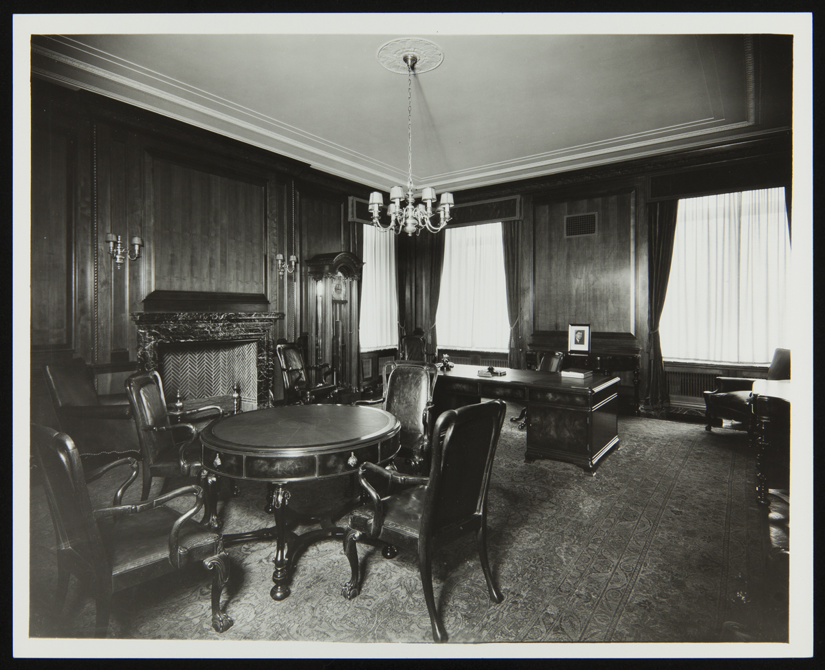 Henry Ford's Office, Ford Engineering Laboratory, circa 1924 Black-and-white photo of office with wood paneling and wooden furniture