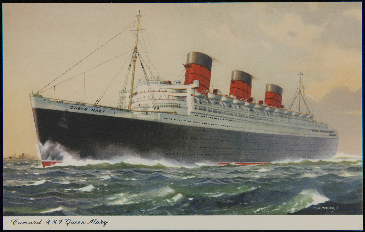 Postcard, Postcard of large ocean liner at sea; also contains text