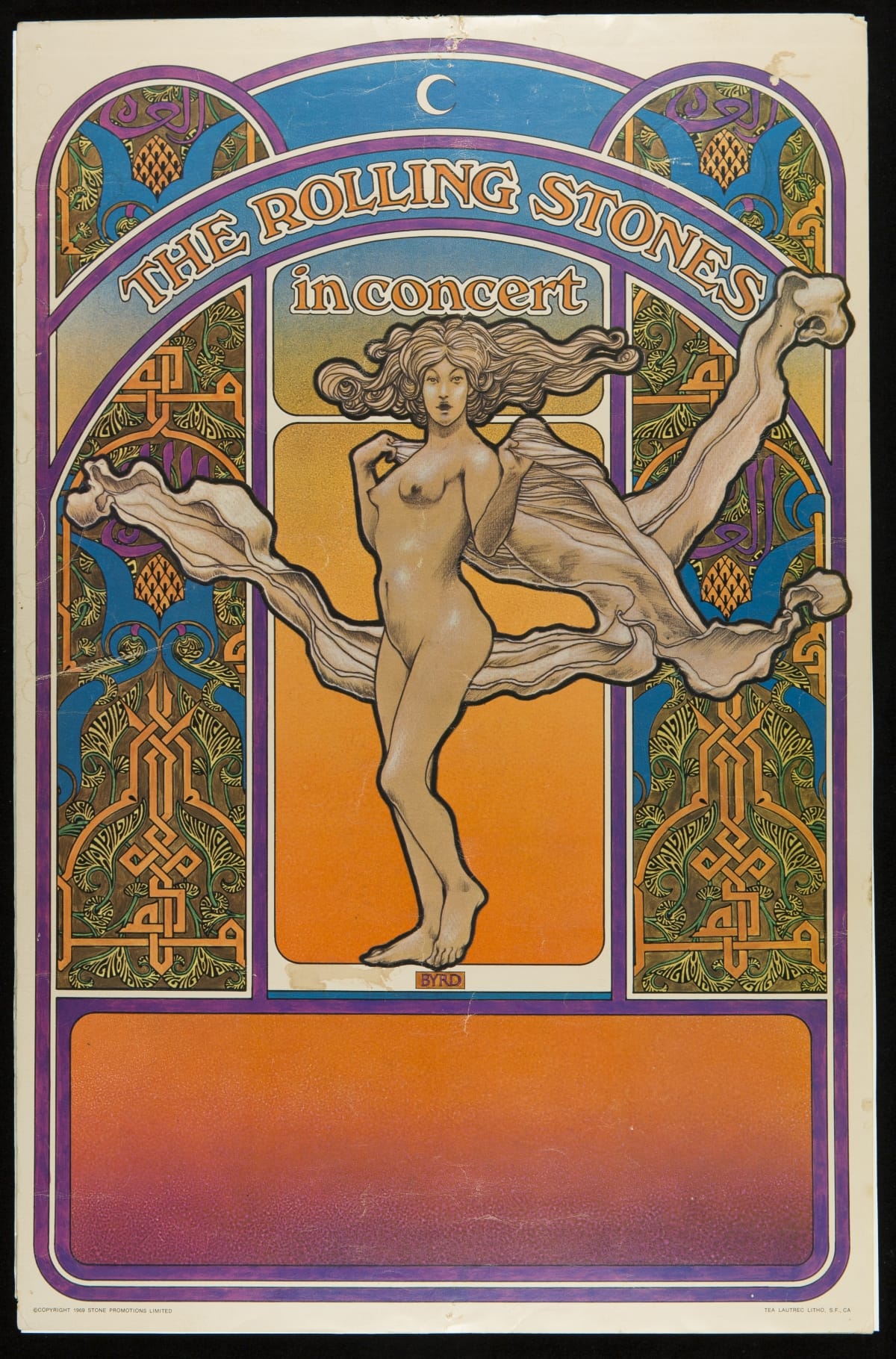 Poster featuring nude woman and text, in shades of pink, yellow, and blue