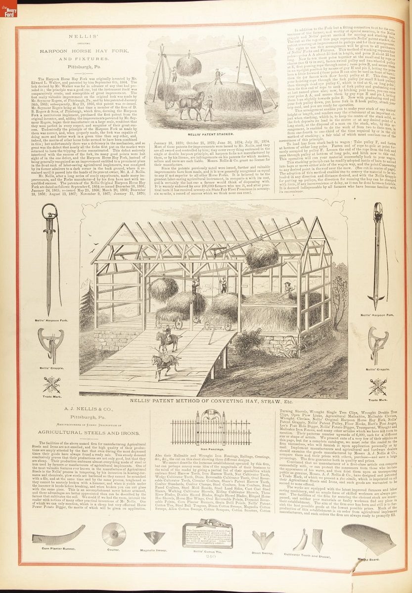 Illustrated Industries and Geography of America, 1882 / page 240 Page with text and several line drawings that show agricultural work and tools