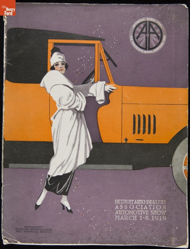 Woman in white coat and hat standing by a yellow car on a mauve background; contains text