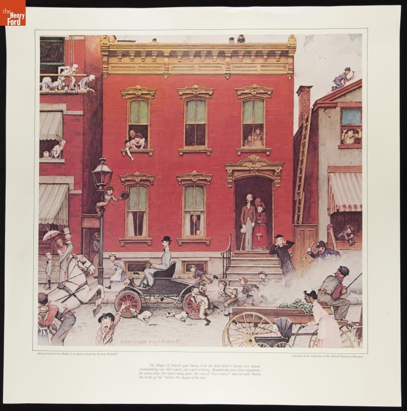 Street scene with man in early, open car; also contains text