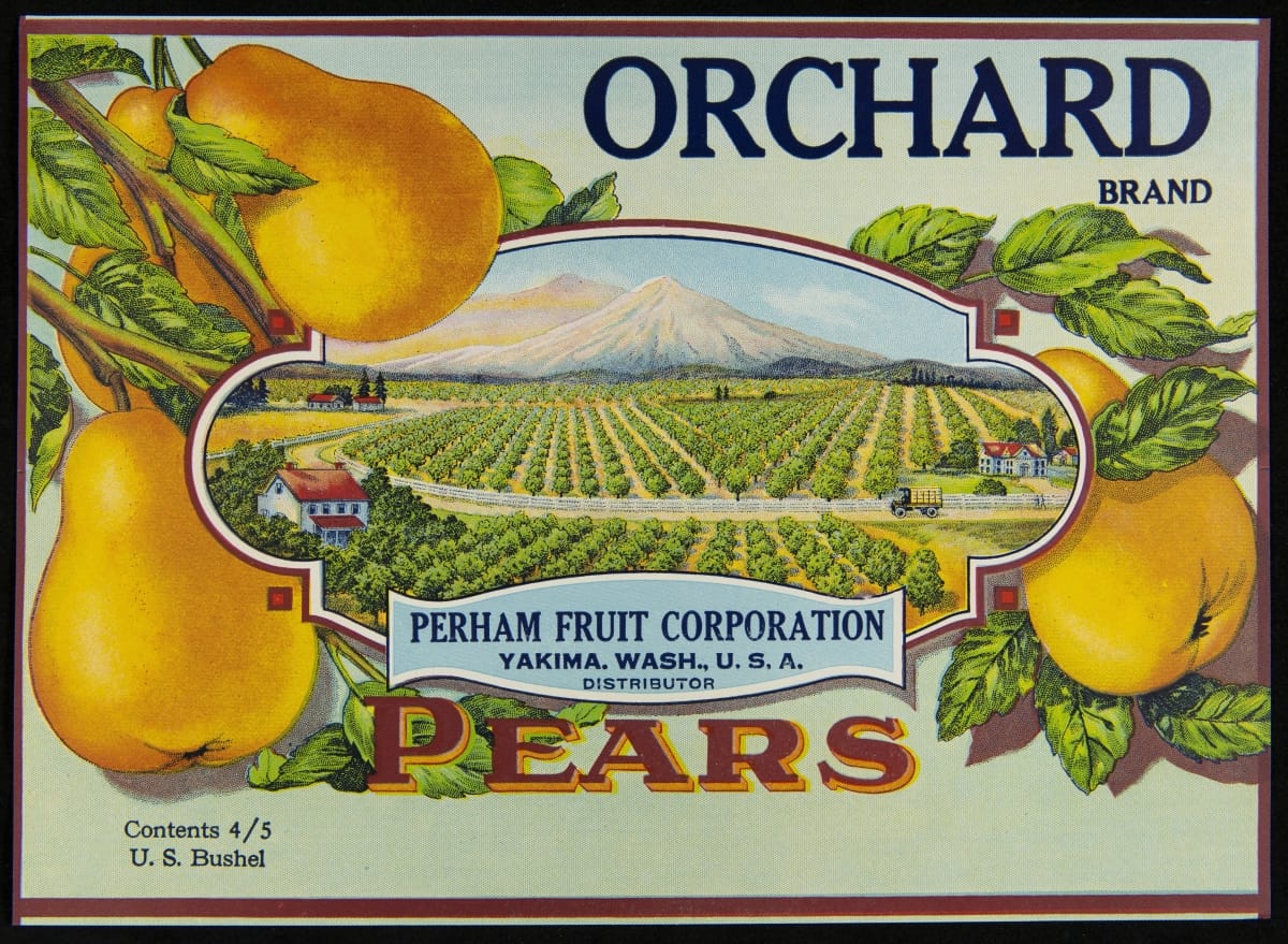 Crate Label, Colorful illustration of yellow pears and rows of trees with mountains in the background, also contains text
