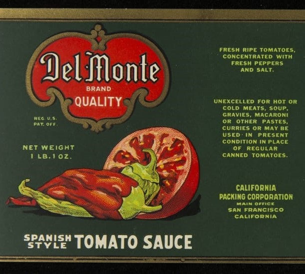 Can Label, Green label with logo, text, and image of peppers and tomato half