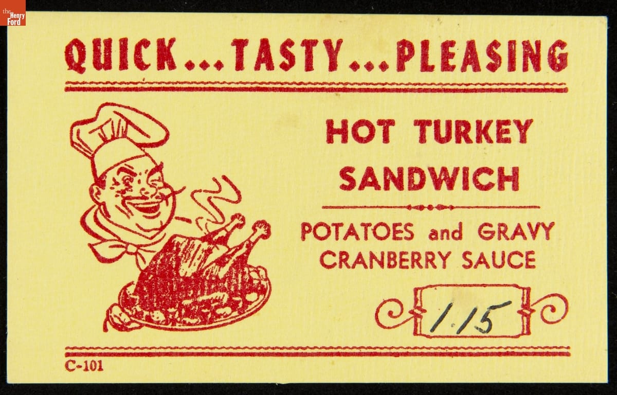 Menu-Insert Card, Page with red text and image of mustachioed man in chef's hat holding a whole roasted turkey