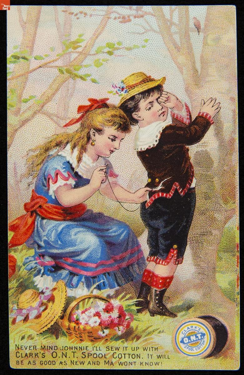 Trade Card for Clark's Spool Cotton, Clark's O.N.T., 1880-1890 Young girl sews the back of a young boy's jacket in an area with trees; also contains text