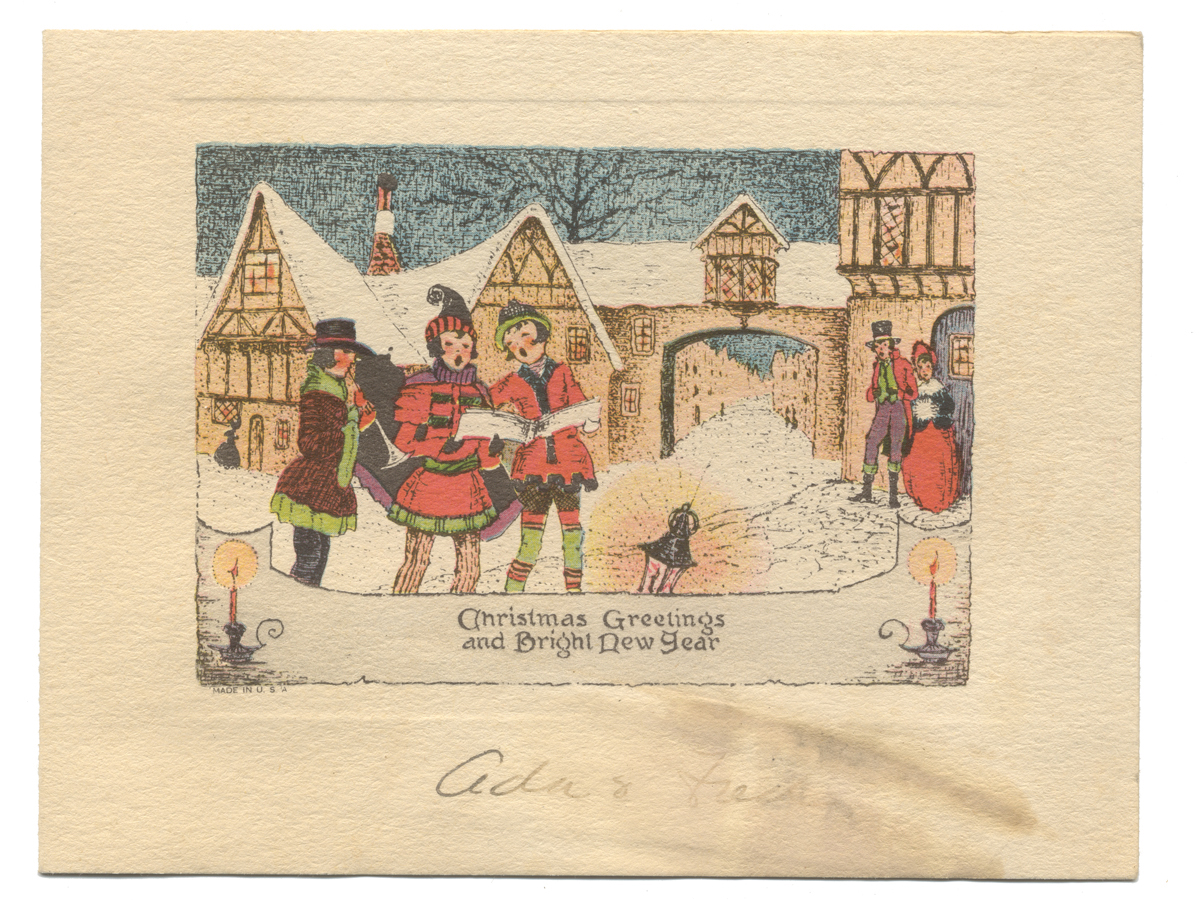 Christmas Card, Card with images of carolers in front of buildings; also contains text