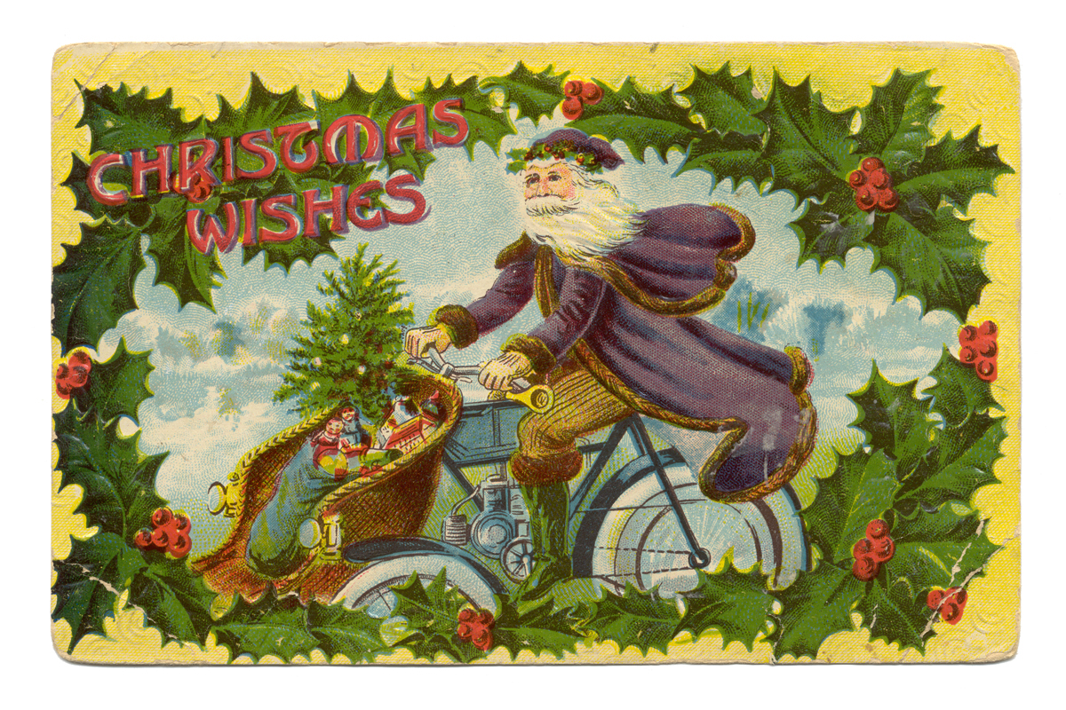 Christmas Greeting Postcard, Postcard of St. Nick in purple cape on motorcycle with toys in front basket; contains text and border of holly leaves and berries