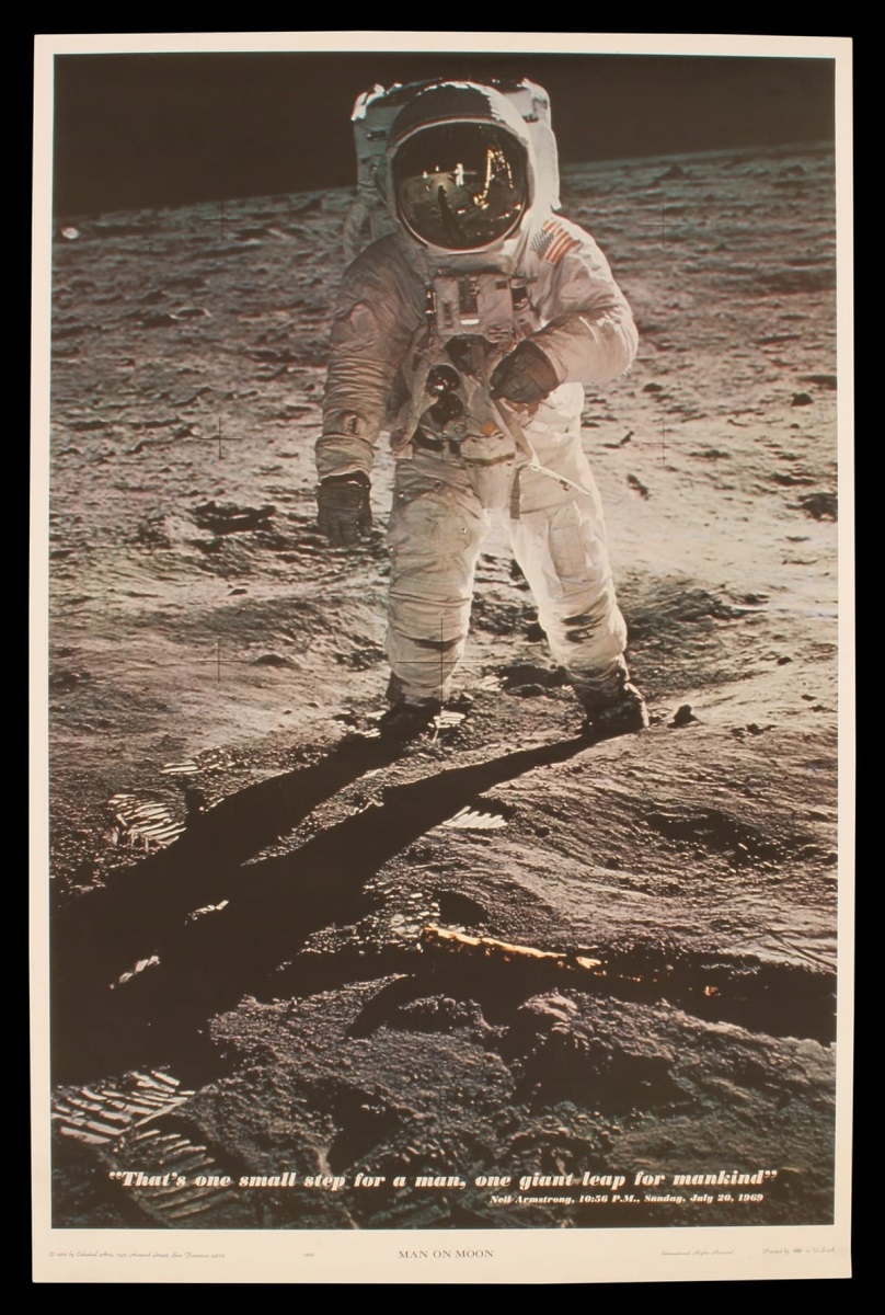 Commemorative Poster, Poster of astronaut in spacesuit on the moon; also contains text
