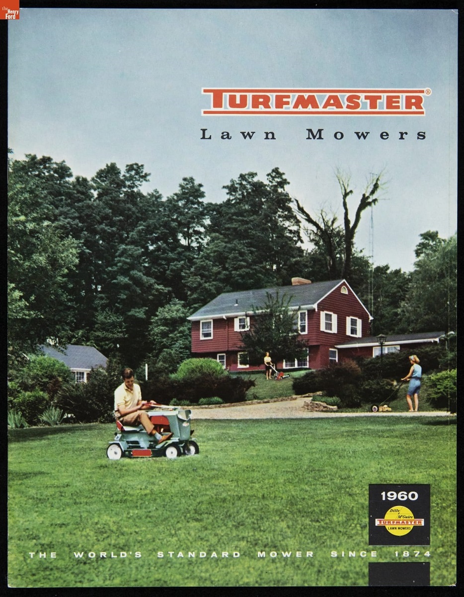 Dille & McGuire Manufacturing Company Catalog, Image of red house behind large green lawn with man on riding lawnmower