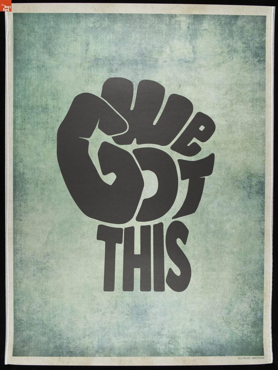 Poster with mottled green, white, and blue background, featuring text shaped like a fist reading 