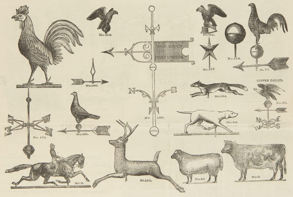 Van Dorn Iron Works Catalog, Drawings of weathervanes in the shape of animals and ornamental patterns