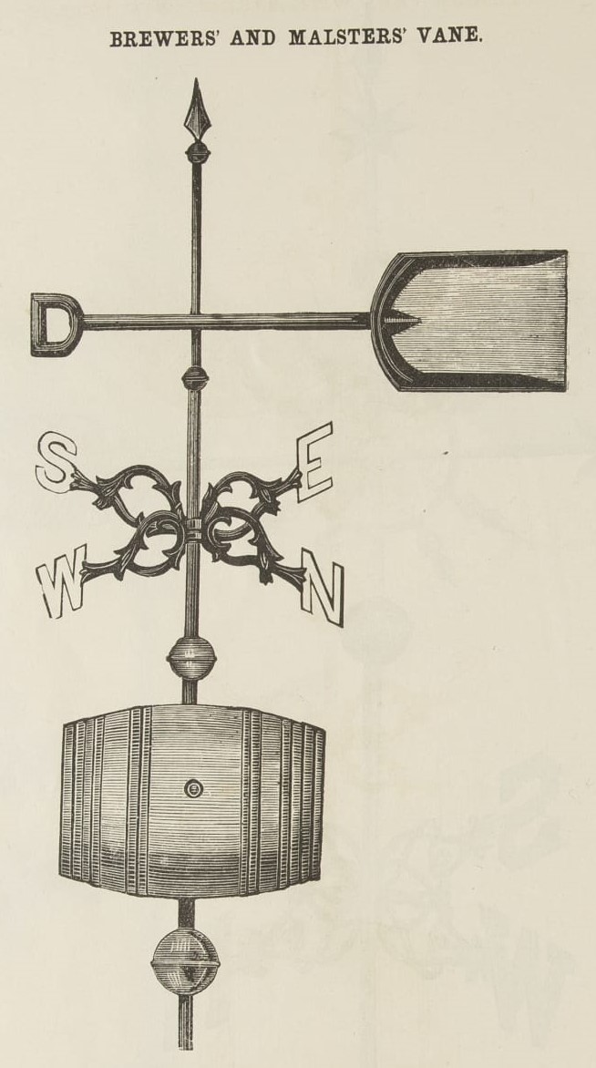 A.B. & W.T. Westervelt Catalog, Drawing of weathervane featuring shovel and barrel along with arrows labeled E, W, S, N; also contains text