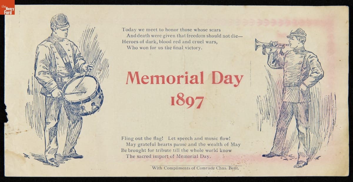 Program, Card with text, and two images of soldiers, one playing a bugle and the other a drum