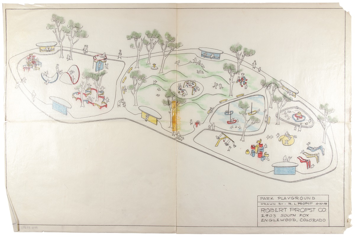 Drawing, Design drawing of playground from above showing a variety of play structures and children using them; also contains text