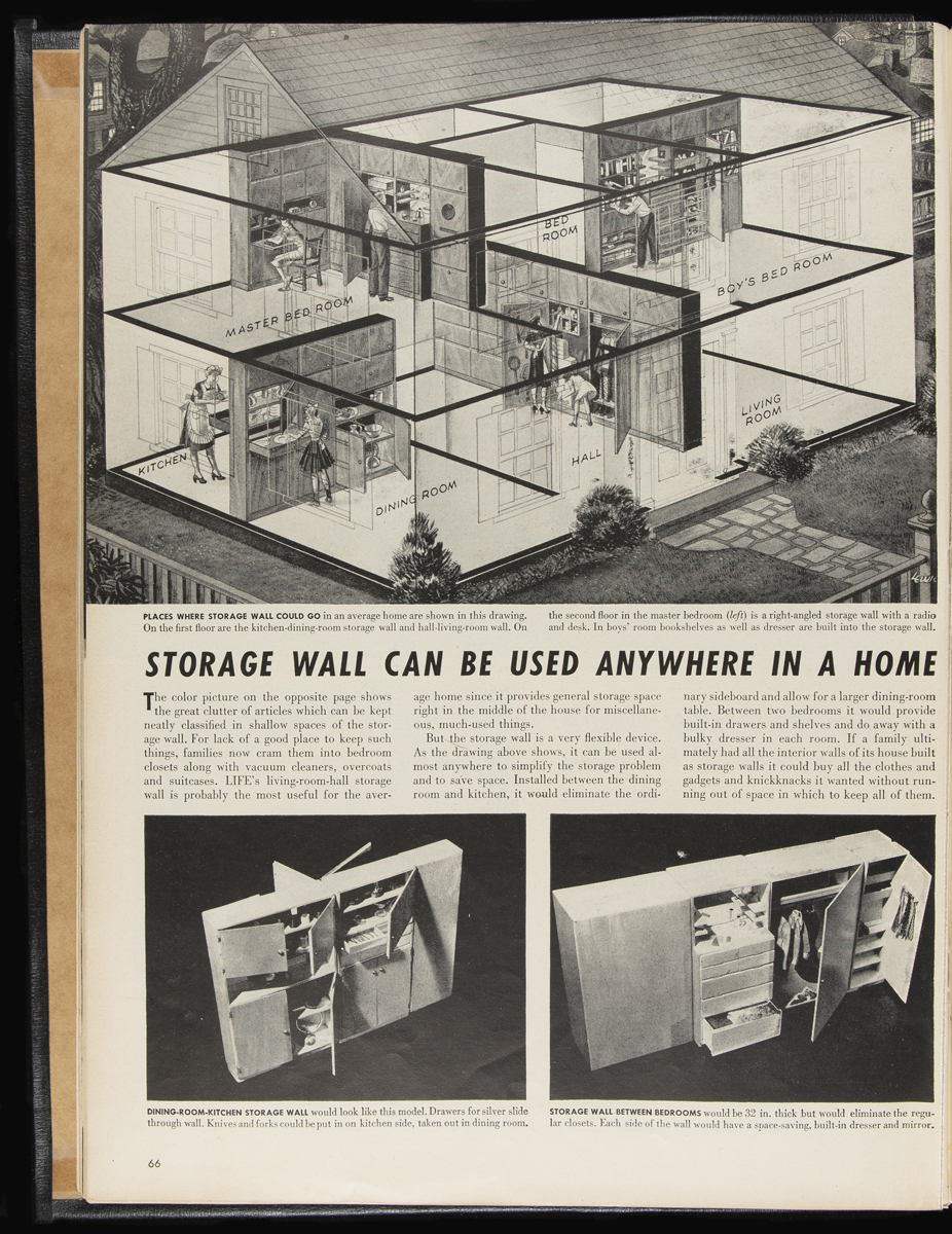 Life Magazine for January 22, 1945 / page 66 Page with text; illustration of house at top; and two photos of thin storage cabinets at bottom