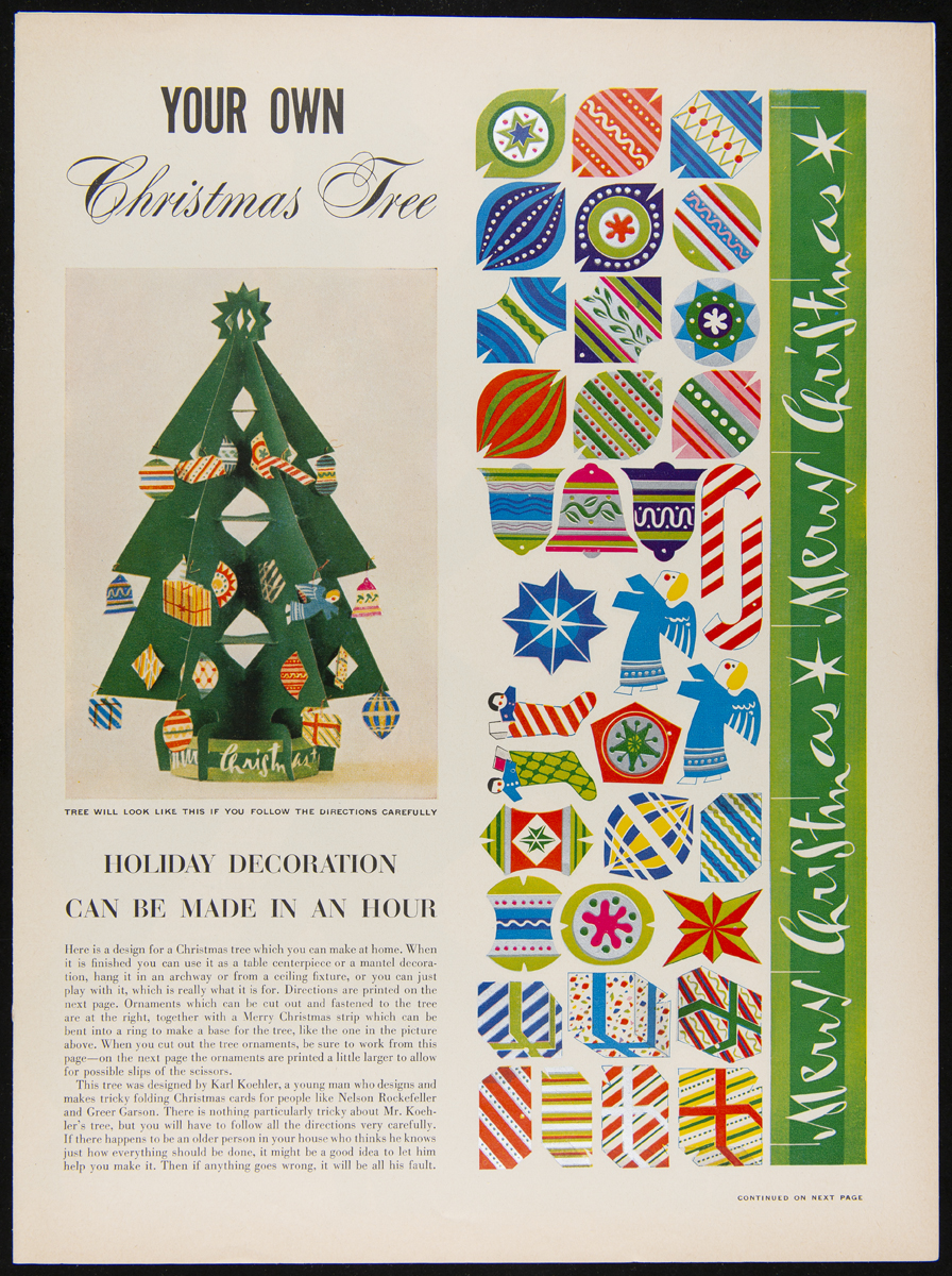 Page with text, image of three-dimensional paper Christmas tree, and graphics of ornaments and other tree decorations as well as a banner