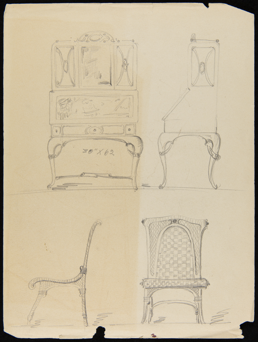 Design Drawing of Furniture for Fair Lane Estate, 1922-1924 Drawings of front and side of sideboard or cabinet and front and side of chair