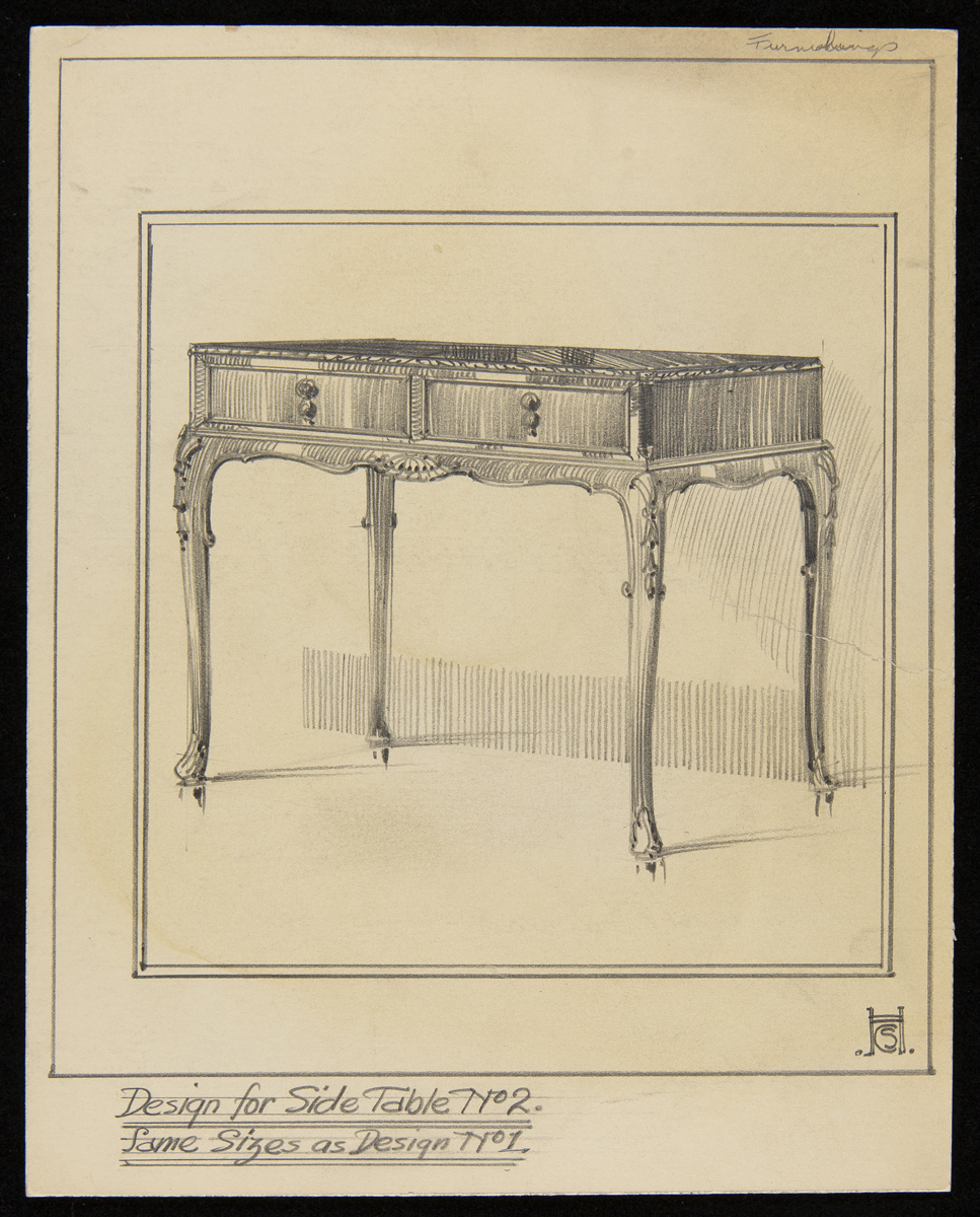 Presentation Drawing of a Side Table for Fair Lane Estate, 1922-1924 Drawing of a wooden side table