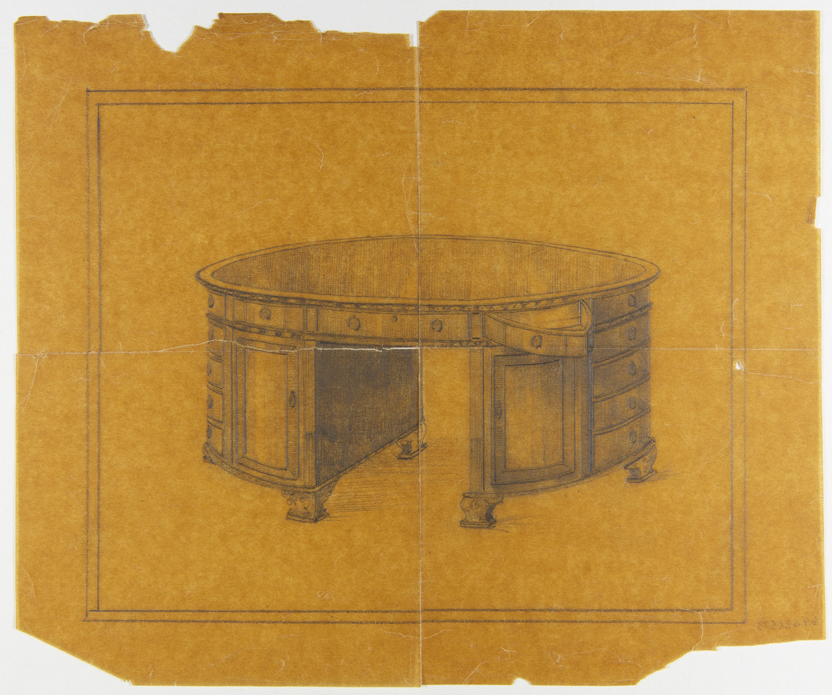 Presentation Drawing of Furniture for Fair Lane Estate, 1922-1924 Round desk with drawers or cubbies around outside