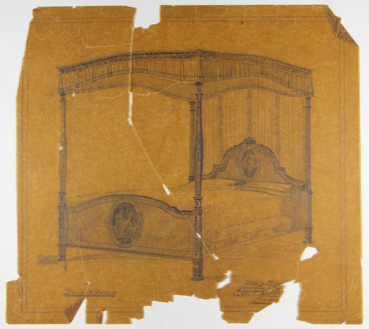 Presentation Drawing of Furniture for Fair Lane Estate, 1924 Yellowed and torn drawing of a four-poster, canopied bed