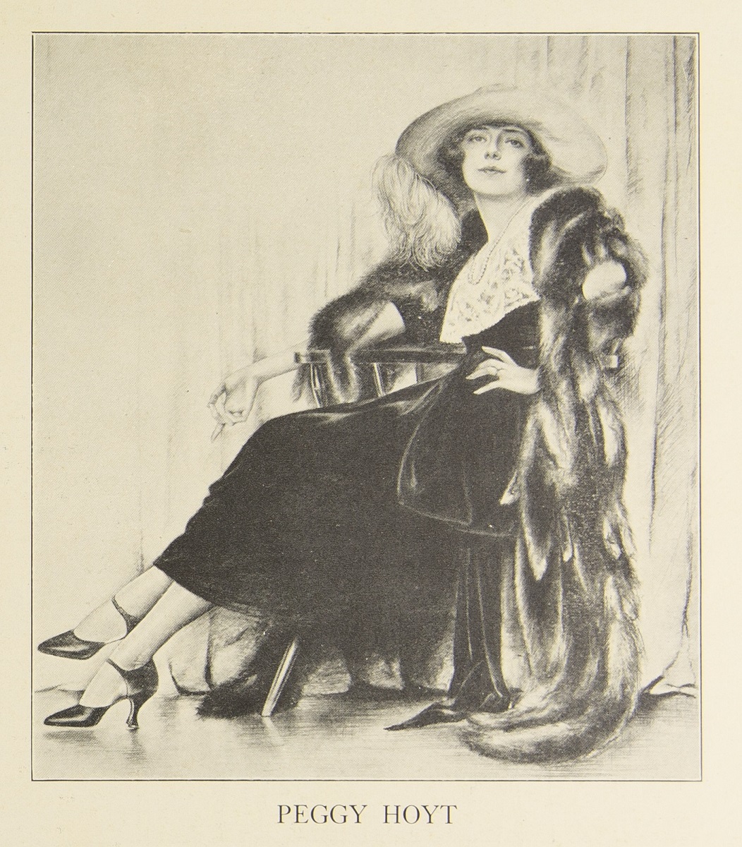 Illustration of seated woman in dress, hat, and fur coat with text 