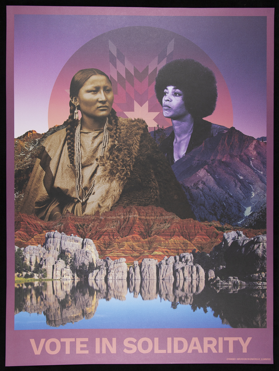 Poster, Collage poster with image of two women in landscape with circular graphic pattern behind them